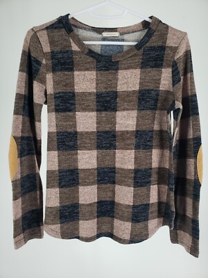 12PM by Mon Ami Size Small Check Pattern Rayon Cardigan Elbow Patch