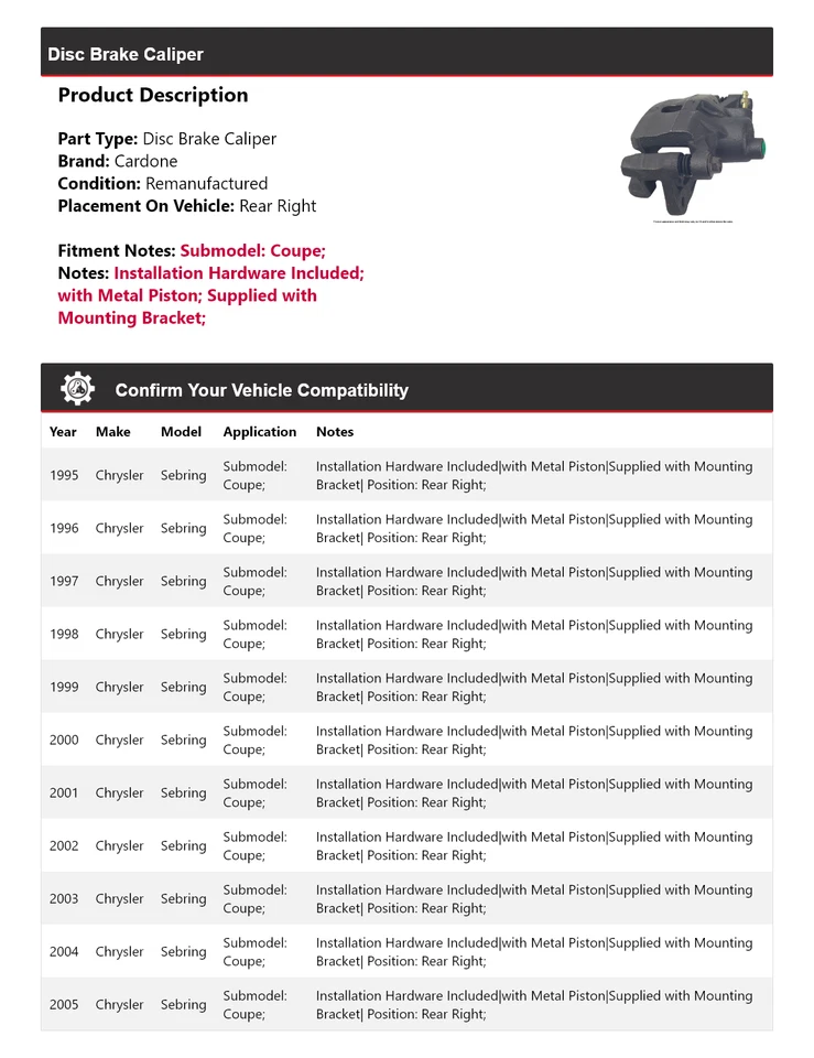 Pinza de freno de disco trasera derecha Cardone 1996 para Chrysler Sebring 1995-2005 cupé Foto 2 de 4