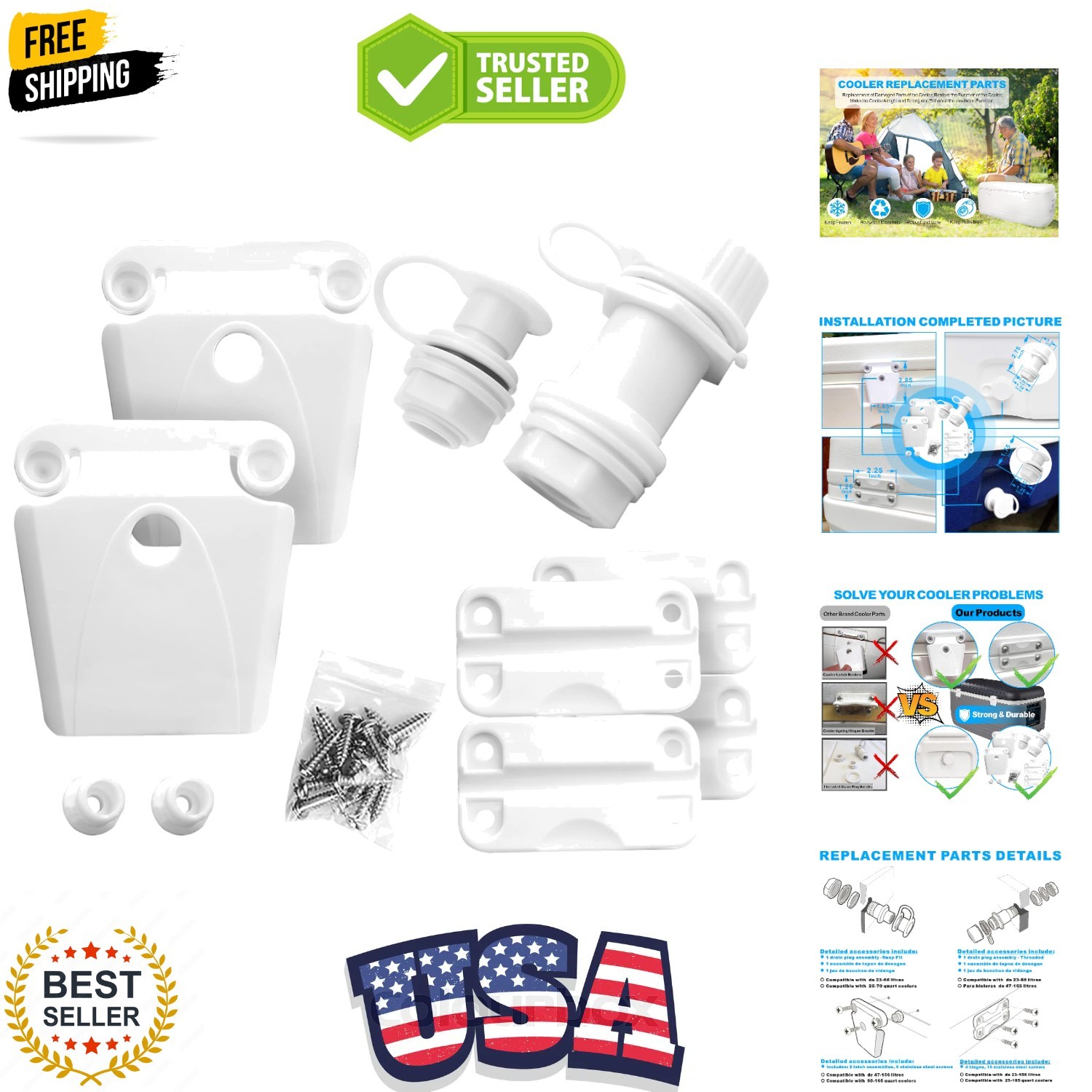 Cooler Replacement Parts Kit, Ice Chest Plastic Hinges, Latch Posts, Threaded...
