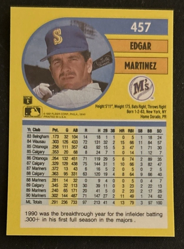 Tarjeta de béisbol Fleer Edgar Martínez 1991 tercer año #457 Mariners 3B en muy buen estado buen estado Foto 2 de 2