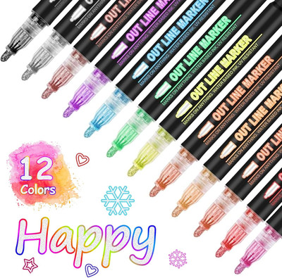 Outline Marker Self-Outline Metallic Markers, 12 Colors Squiggles Shimmer
