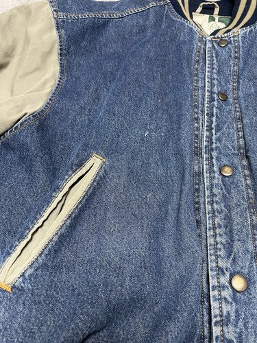 Vintage Wear Guard Bomber Varsity Jacket Blue Denim Tan Snap Up Insulated Large - Picture 6 of 14