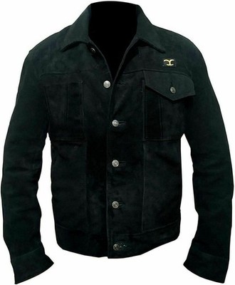 Herren Yellowstone Rip Wheeler schwarz Wildleder Lederjacke Cowboy Biker Trucker Mantel