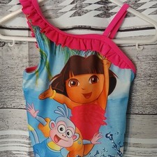 2013 Nickelodeon Dora the Explorer One Piece Swimsuit Girls 24M Pink Blue Ruffle