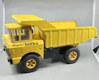 Vintage Mighty Tonka Dump Truck – Pressed Steel – Yellow – Early Drilled Wheels