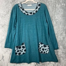 Jess & Jane Patch Pockets Tunic Top  Womens XL Green Polka Dot Art to Wear Shirt