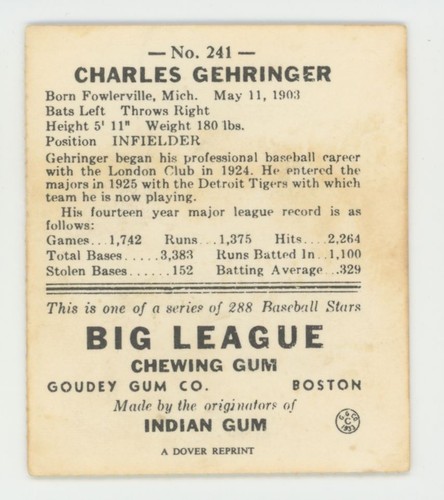 1938 Goudey Heads-Up (R323) Reprint Charlie Gehringer Detroit Tigers #241 - Picture 2 of 2