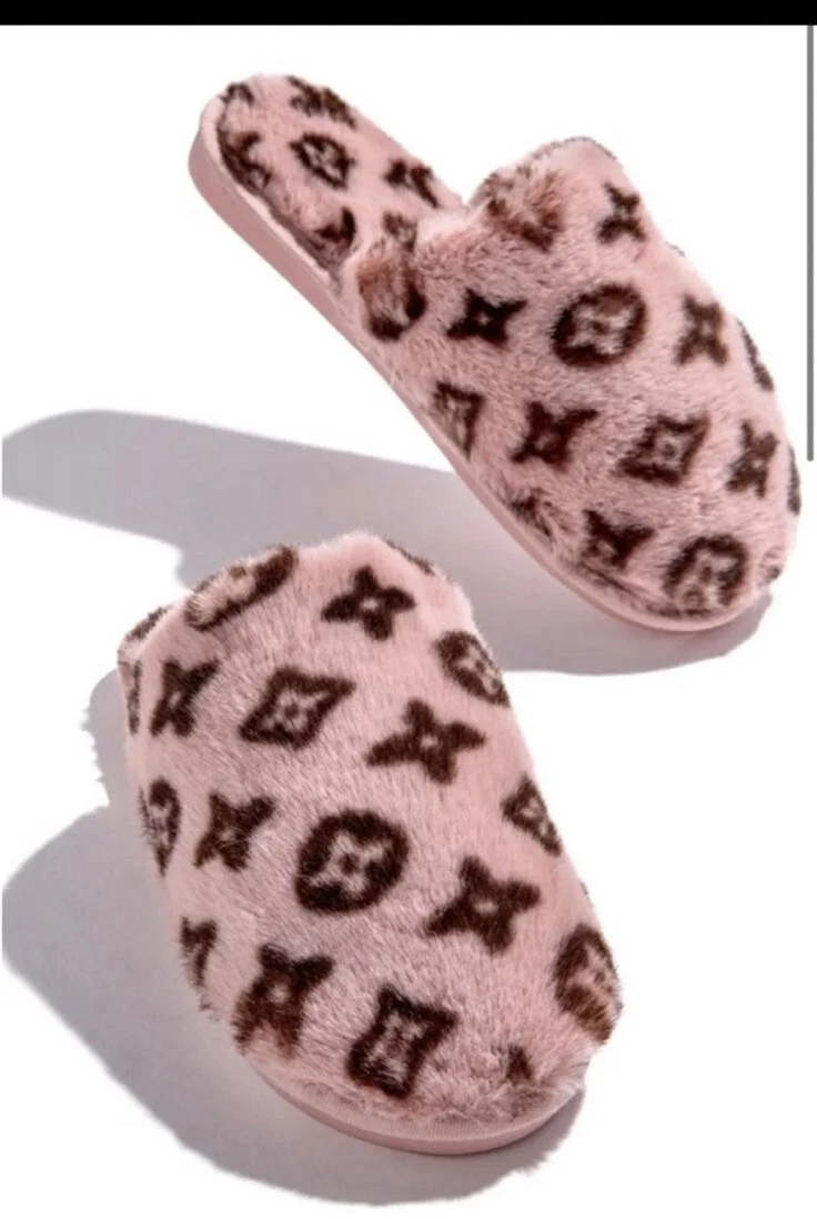 Pink Lv Fur Slides For Women