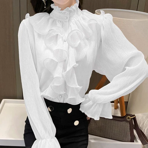 Blusa De Encaje Elegante Con Volantes Para Mujer Camisa De Gasa Con Cuello Alto- - Imagen 4 de 19