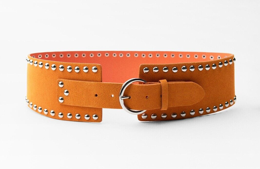 Zara Wide Studded Suede Leather Corset Belt Orange Size W30  display picture 1
