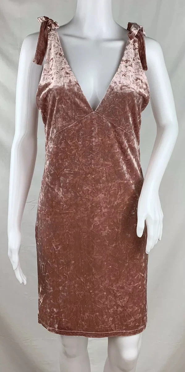 H&amp;M Crushed Velvet Tie Strap Dress Blush Pink Deep V Back Stretch Party Size | eBay