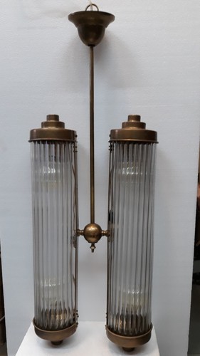 ANTIQUE VINTAGE ART DECO FIXTURE CEILING BRASS HANGING SHIP LIGHT GLASS ROD LAMP