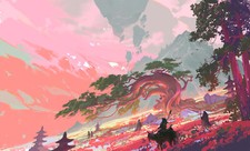 Landscape mh c art trees asian architecture pink Custom Gaming Mat Desk
