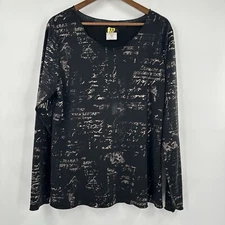 Linda Lundstrom Top Shirt Womens 14 Black Script Slinky Foil Art Casual Stretch