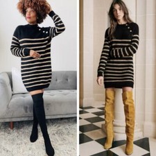 NWT Sezana Robe Tessa Merino Wool Blend Black Striped Sweater Dress Women’s Sz S