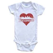 Retro Sacramento California Skyline Red Heart One Piece Baby Bodysuit