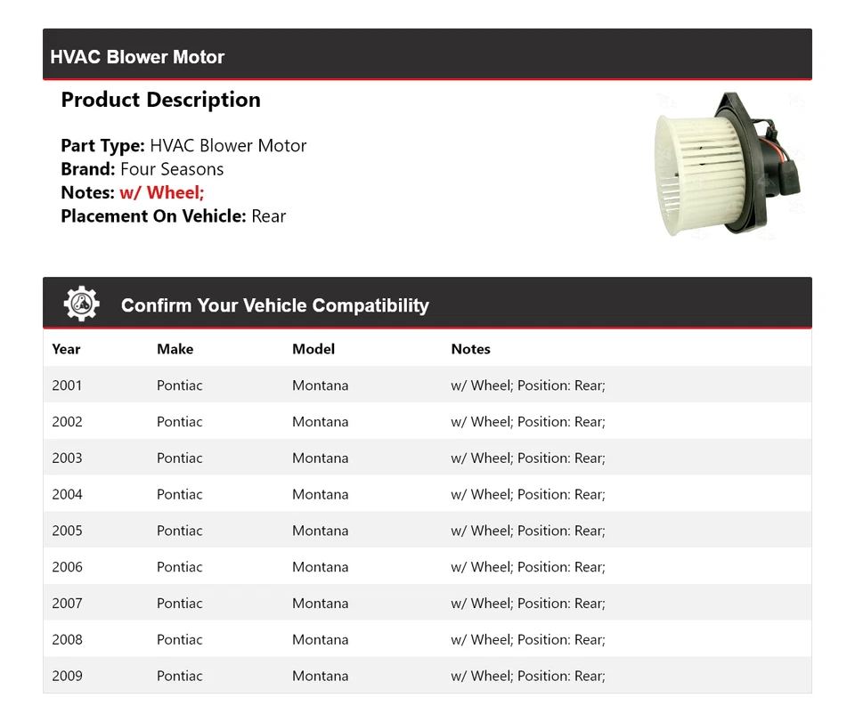 适用于 2001 - 2009 年庞蒂亚克蒙大拿州暖通空调鼓风机电机后四季 2002 2003 2004 — 第 2/4 张图片