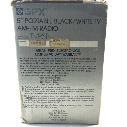 Vintage GPX Model TVP5B Portable 5-Inch Black and White Television Radio - Picture 3 of 7