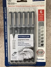 Staedtler Pigment Liner Sketch Pens 6 pc set 0.05mm to 0.8mm Made in Germany 
