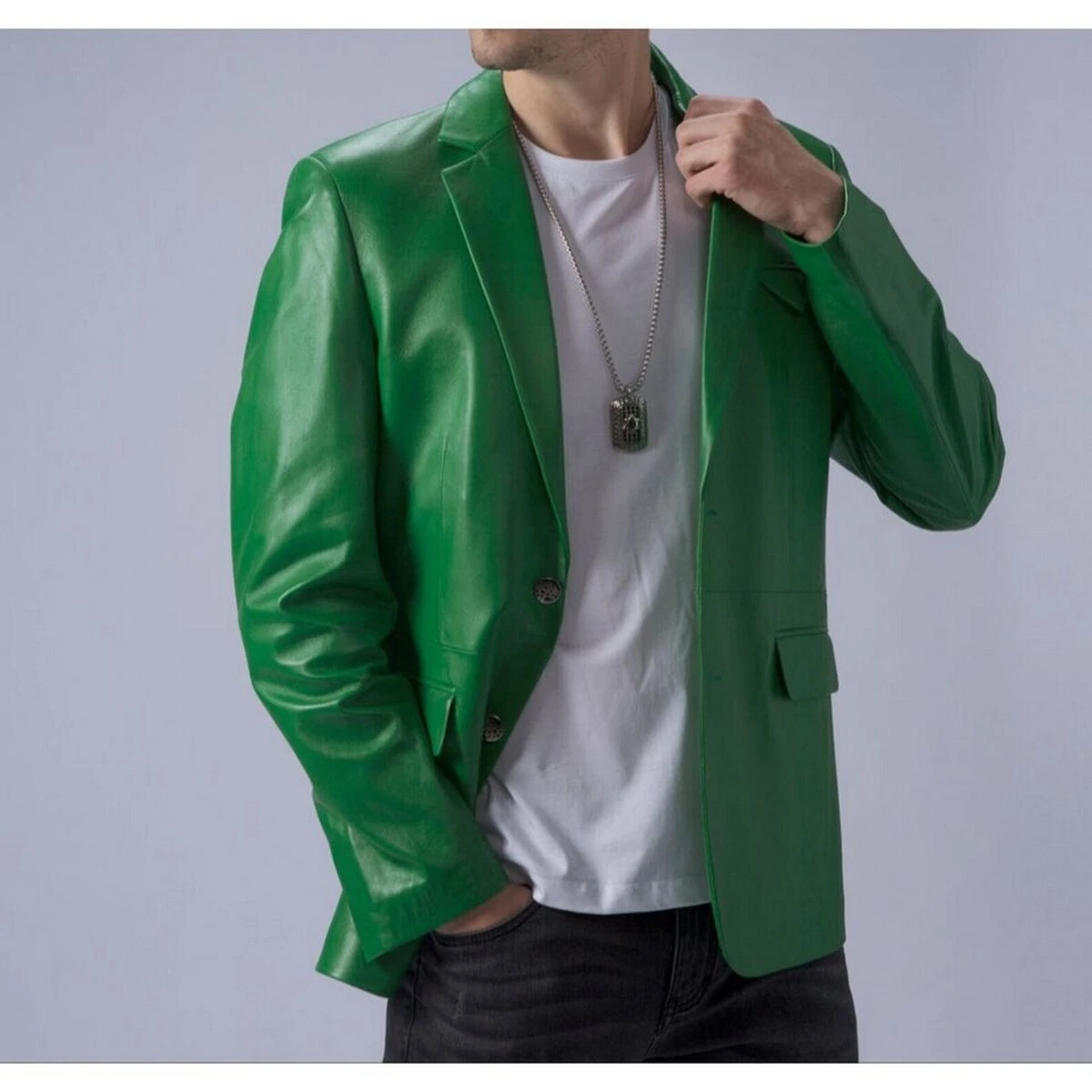 Authentic Designer NEW Men's Green Leather Blazer Pure Soft Lambskin Coat blazer
