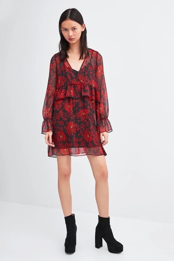 Vestido volante 2025 estampado floral zara