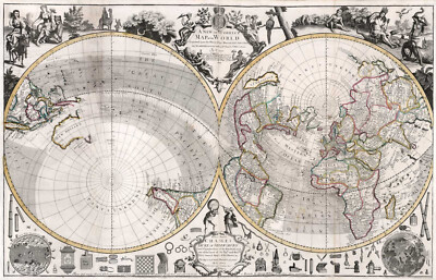 1714 Double Hemisphere Map of the World Celestial Wall Art Poster Print Decor