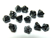 12 Pcs BELL FLOWERS 6mmx8mm HEMATITE METALLIC CZECH GLASS BEADS LOT