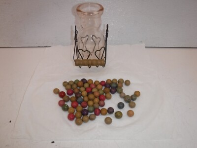Lot Of 70 Antique Clay & Ceramic Marbles Varying Colors/ Vintage Creamer Bottle.