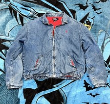 Vintage 80 s Distressed Polo Ralph Lauren Blue Jean Jacket Bomber w Red Lining