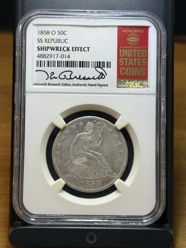1858-O Seated Half Dollar SS Republic Shipwreck Effect NGC w/ Honorary Label