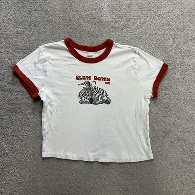 LEVIS Damen T Shirt Kurzarm Gr L Slim Fit Retro Bauchfrei Logo 7015 Weiß