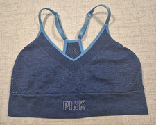 PINK Blue Solid Logo Racerback Sports Bra Wireless Pullover Womens S