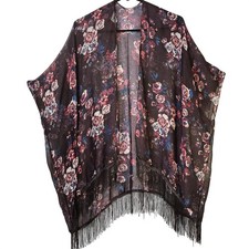 Kimono OSFM Fringe Boho Black Red Blue Sheer Floral Dark Fairy Whimsigoth Witchy