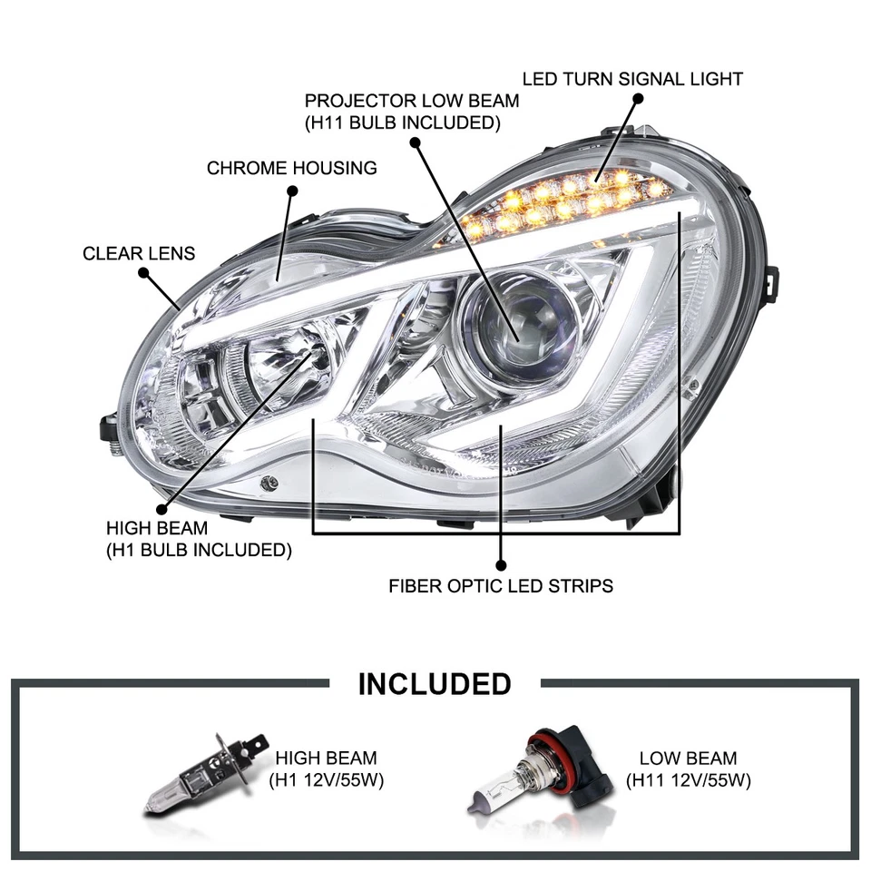 Fits 2001-2007 Mercedes Benz W203 C-Class LED Strip Signal Projector Headlights - Image 3 of 4