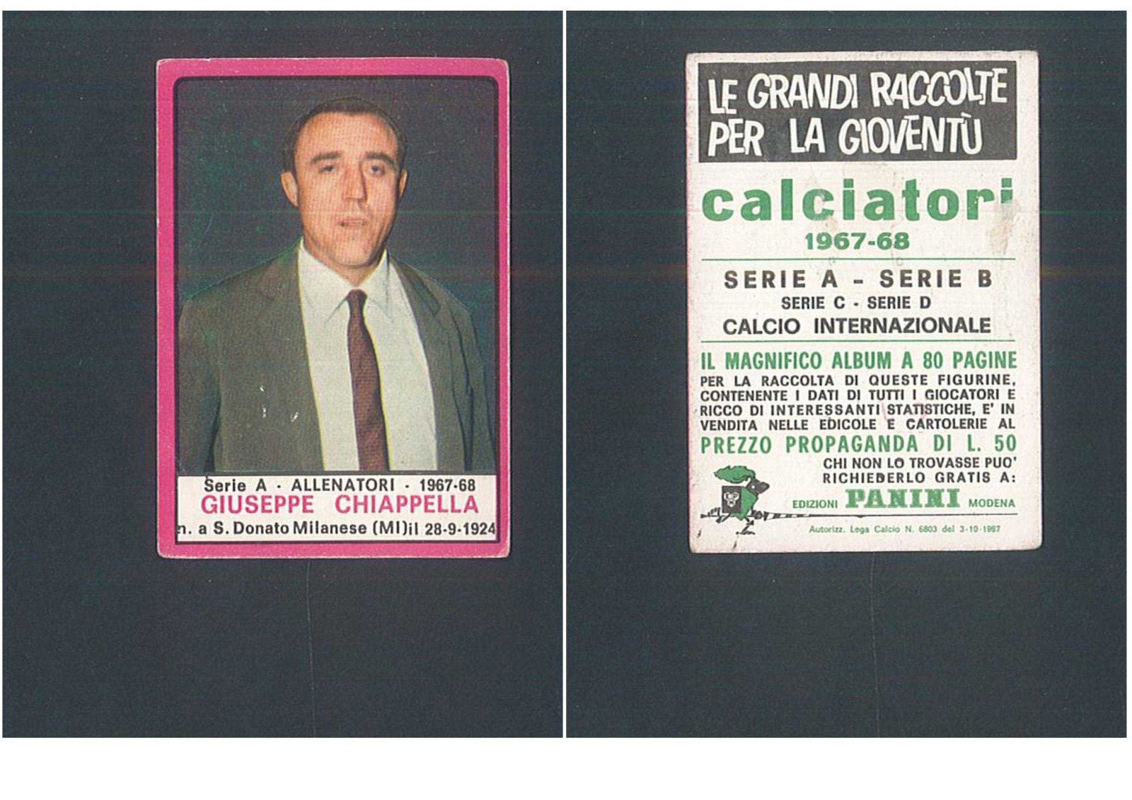 Figurina Calciatori Panini 1967-68 Giuseppe Chiappella Allenatori Ottima Rec. ▓