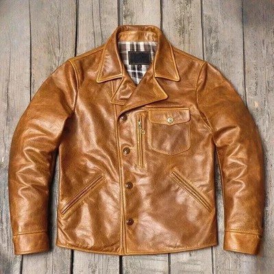 Men's Tan Real Buffalo Leather Jacket Vintage Half Belt Motorcycle Workwear Coat