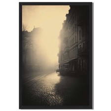 Vintage Rainy City Street Framed Canvas Print Urban Wall Art Decor