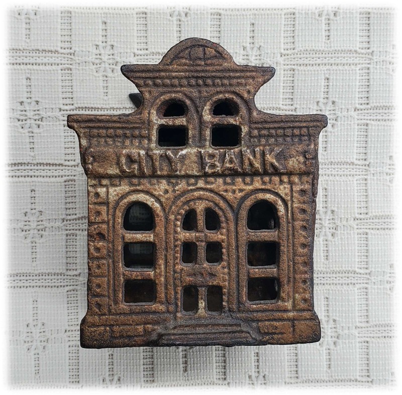 Vintage Cast Iron Piggy Bank Labeled City Bank - Nice!   -  61917
