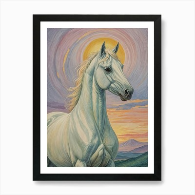 White Horse Purple Sunset Art Print Framed Wall Art Poster Canvas Print Picture