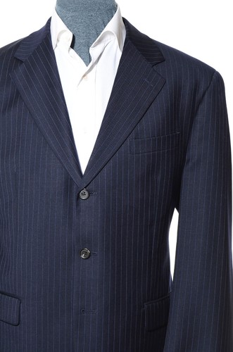 44R Chaps Three-Button Dark-Blue Pinstriped Wool 2-Piece Suit 36x32 Trousers XL - Picture 3 of 14