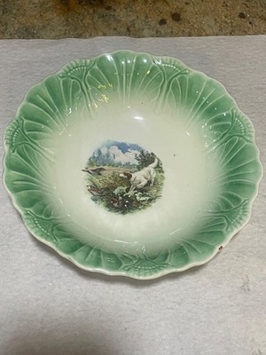 Severs 18th Century Large Serving Bowl hand painted hunting scene with dog .