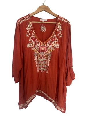 Solitaire Women's Plus 3X Orange Embroidered Blouse Top Boho Western
