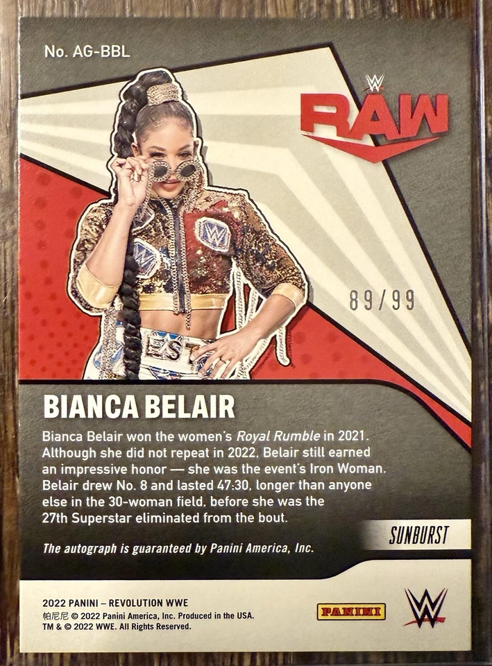 Bianca Belair 2022 WWE Panini Revolution #AG-BBL RAW Sunburst Auto /99 - Image 2 of 2