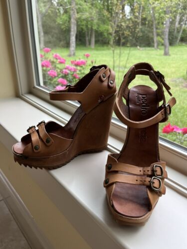 Pedro Garcia Platform Wedge Sandals Tan leather Size 36 Peep Toe Ankle Strap - Afbeelding 1 van 11