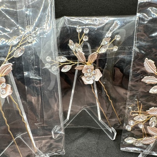3 PC Wedding Bridal Bridesmaid Rose Gold Crystal Leaf Headpiece Hairpin Set - Picture 3 of 8