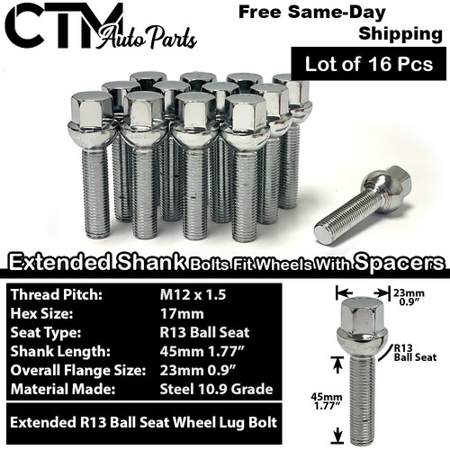 16x Chrome 12x1.5 Ball Seat Lug Bolts 45mm Shank Audi VW Smart w/ 15-20mm Spacer - Picture 1 of 5