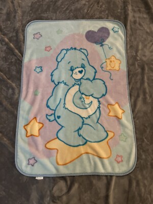 EUC Care Bears Blue Purple Plush Bedtime Bear Moon stars Baby Blanket Throw 