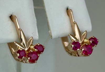 USSR Vintage Original Rose Gold Ruby (lab.  made) Earrings  585 14K 2.80 g.