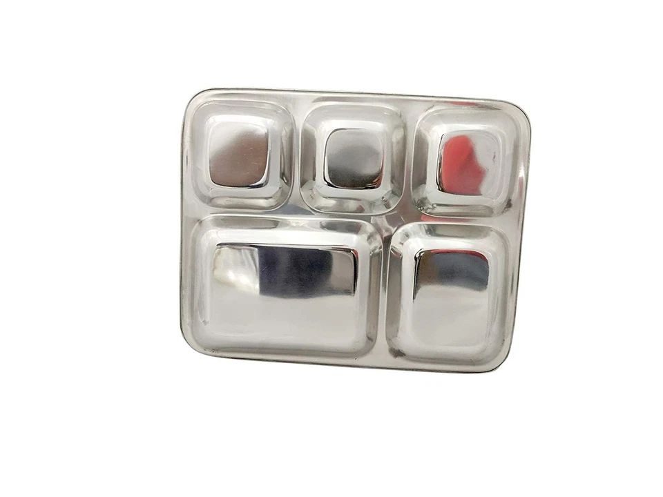 Acciaio Inox Cibo Piastra Pav Bhaji 5 IN 1 Quadrato Ciotole Utensile da Cucina - Immagine 2 di 2
