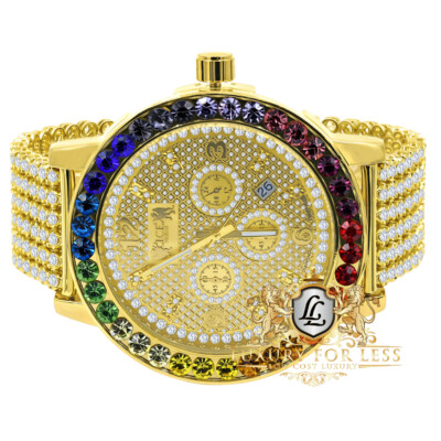 Solitaire Rainbow Multi Gold Tone Real Diamond Dial Men's Custom Watch XL 55mm